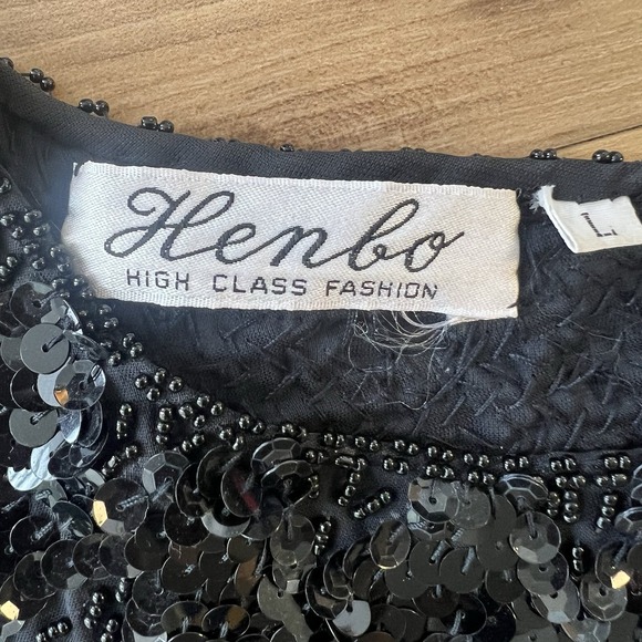 Vtg Henbo Witchy Going Out Asymmetric Women's Black Sequin Beaded Blouse Sz L - Picture 2 of 9